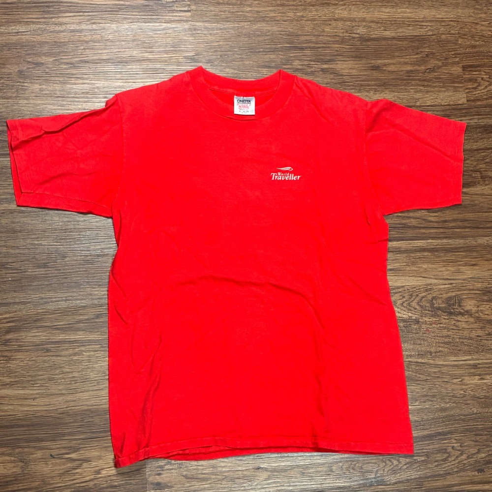 Vintage 90s Oneita World Traveller Red T Shirt Mens XL Single Stitch Travel Tee